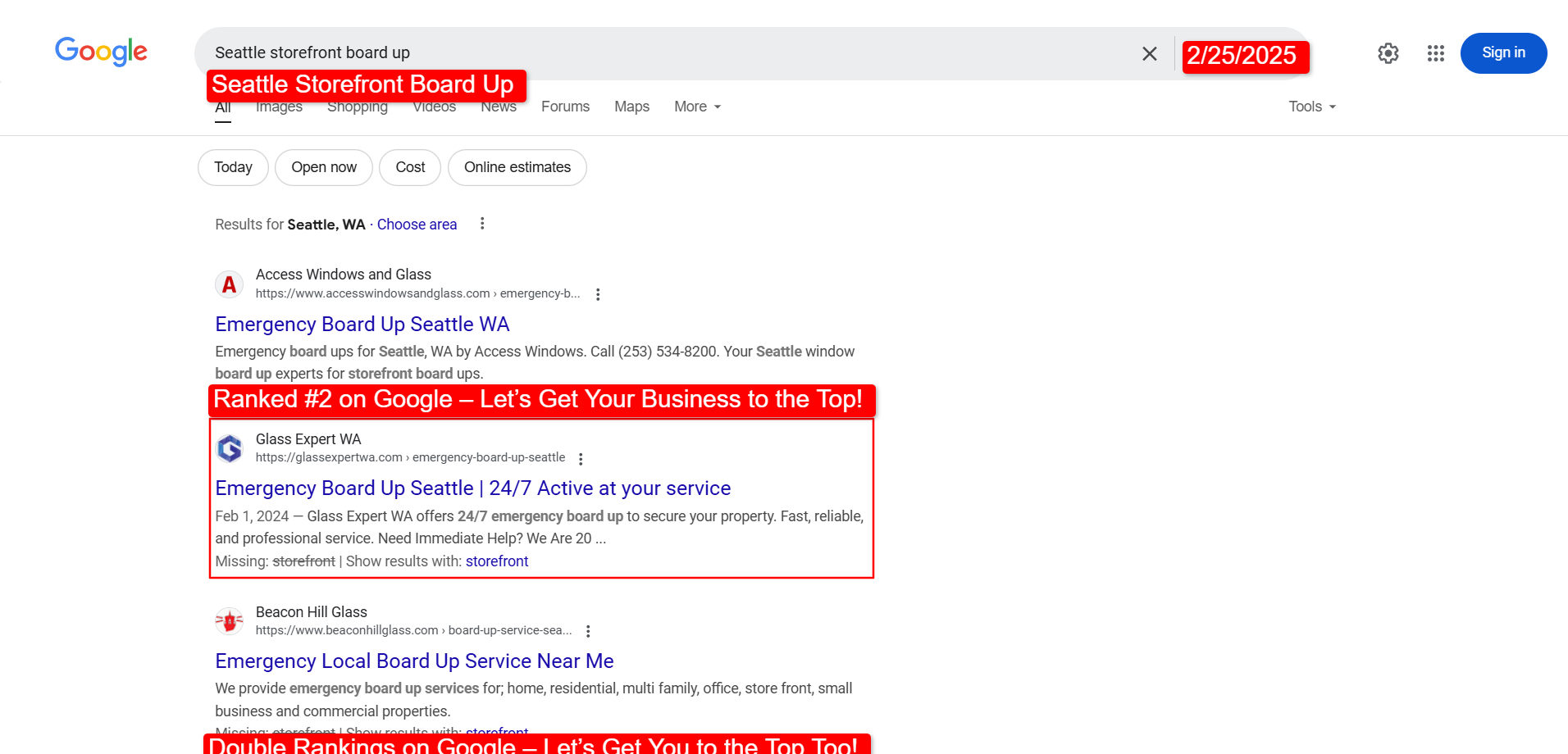 Ranking on the first page of Google Screenshot